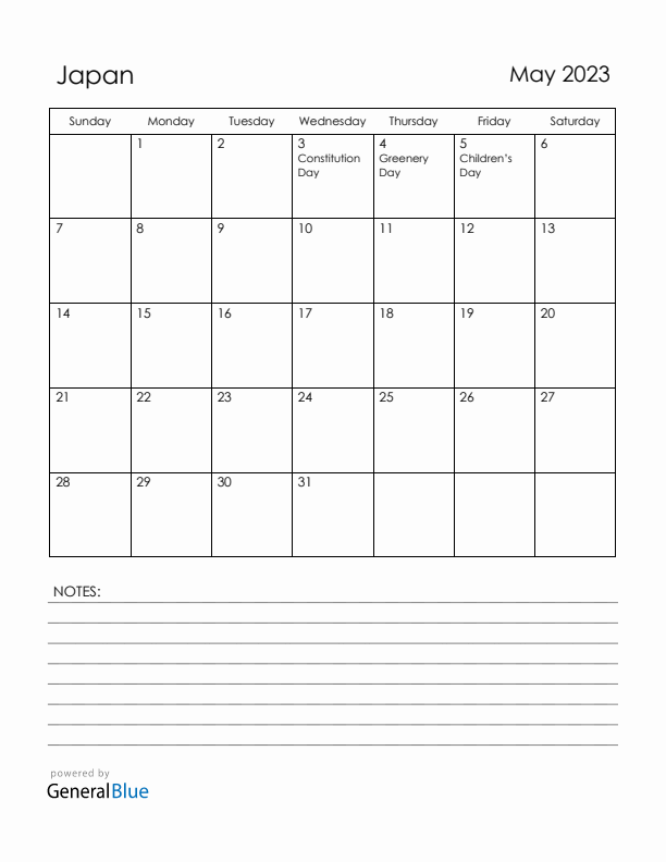May 2023 Japan Calendar with Holidays (Sunday Start)