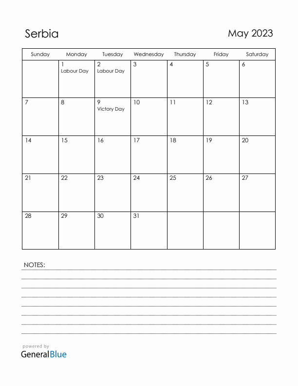 May 2023 Serbia Calendar with Holidays (Sunday Start)