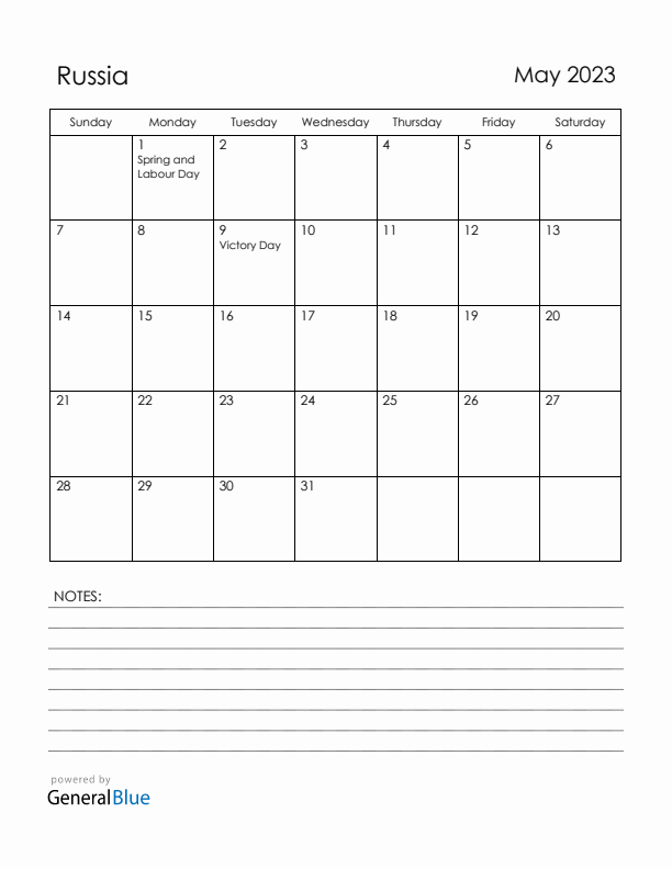 May 2023 Russia Calendar with Holidays (Sunday Start)