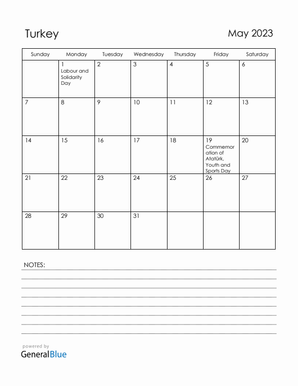 May 2023 Turkey Calendar with Holidays (Sunday Start)