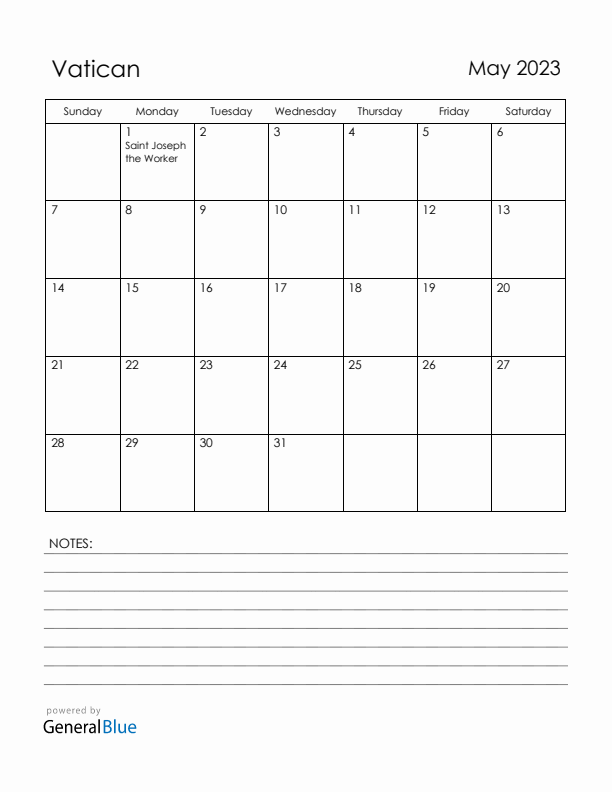 May 2023 Vatican Calendar with Holidays (Sunday Start)