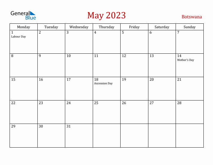 Botswana May 2023 Calendar - Monday Start