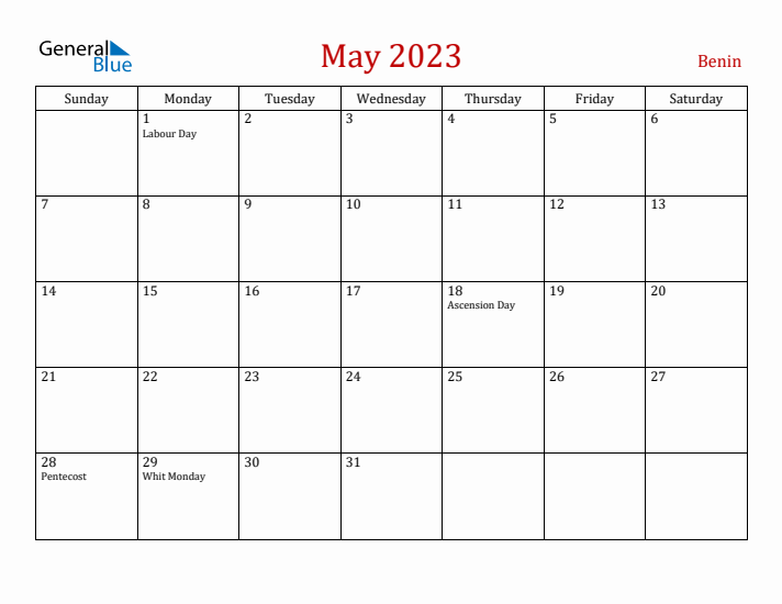 Benin May 2023 Calendar - Sunday Start