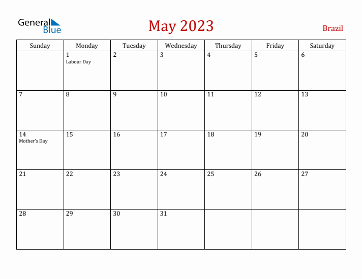 Brazil May 2023 Calendar - Sunday Start