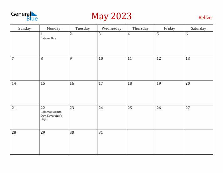 Belize May 2023 Calendar - Sunday Start