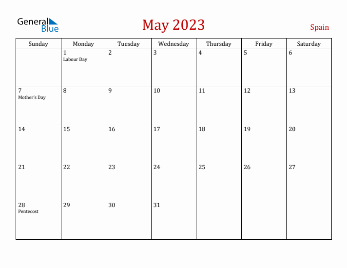 Spain May 2023 Calendar - Sunday Start