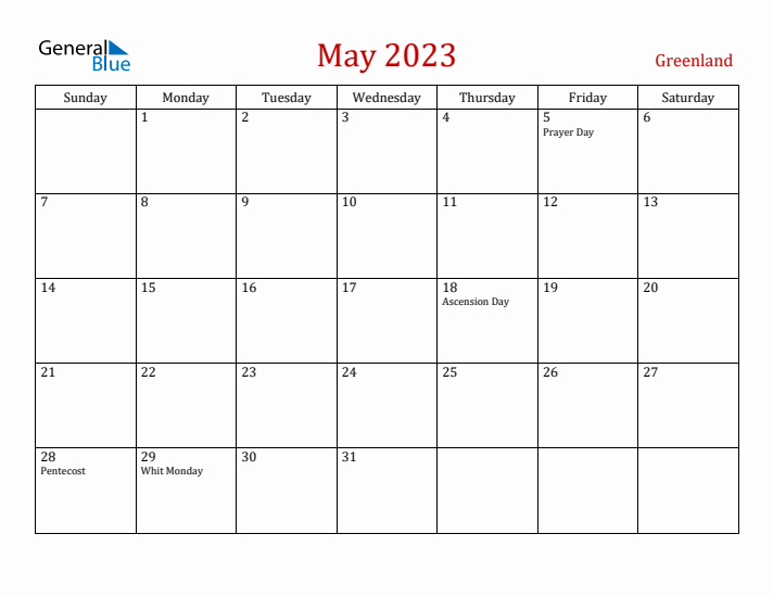 Greenland May 2023 Calendar - Sunday Start