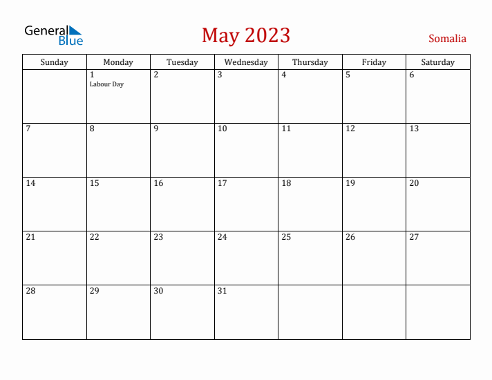 Somalia May 2023 Calendar - Sunday Start