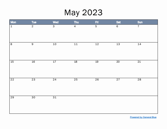 May 2023 Simple Month Calendar Template