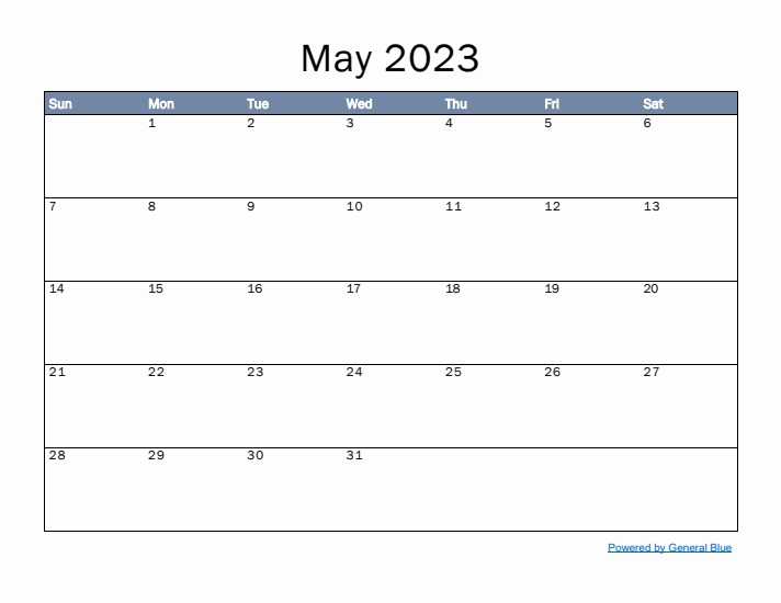 May 2023 Simple Month Calendar Template