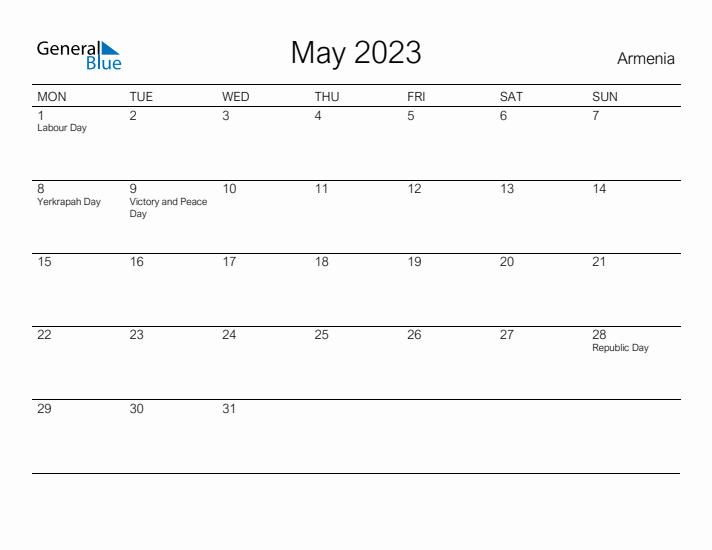 Printable May 2023 Calendar for Armenia