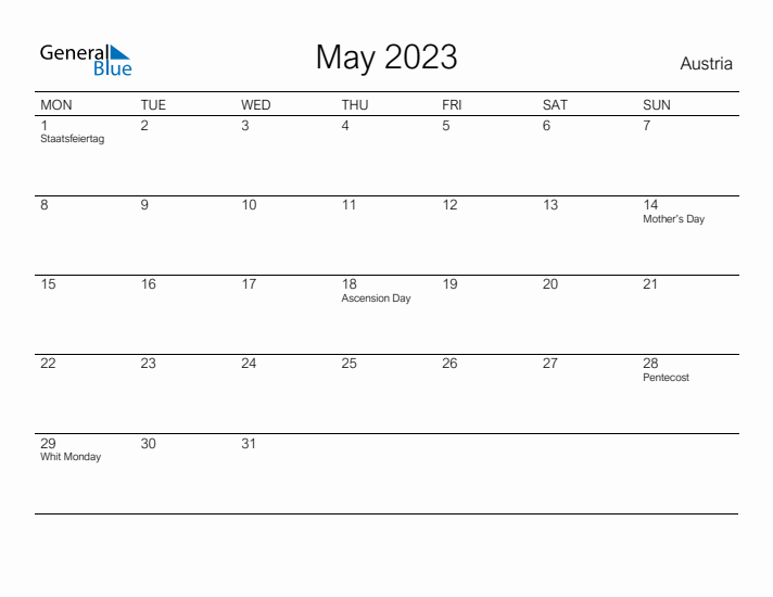 Printable May 2023 Calendar for Austria