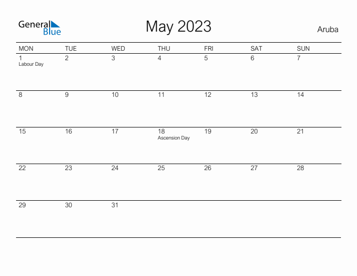 Printable May 2023 Calendar for Aruba