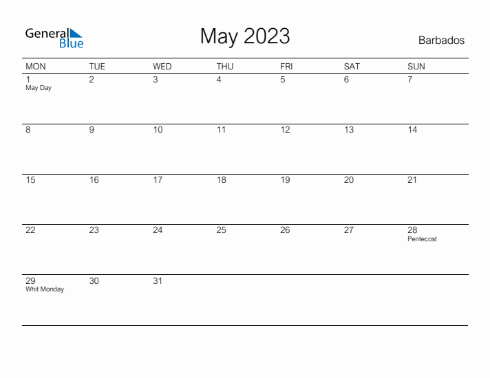 Printable May 2023 Calendar for Barbados