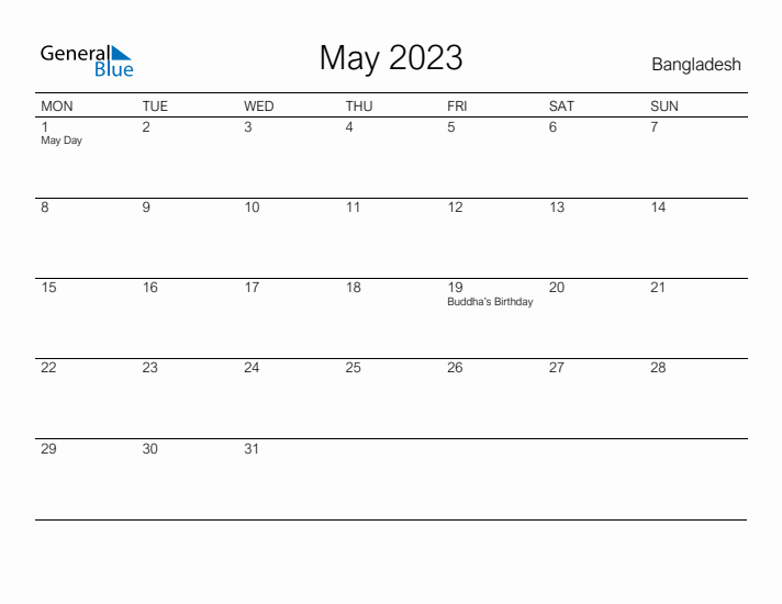 Printable May 2023 Calendar for Bangladesh