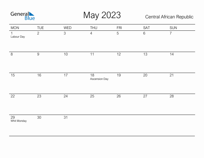 Printable May 2023 Calendar for Central African Republic