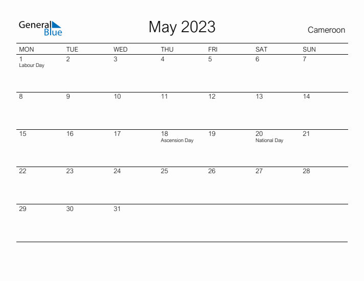 Printable May 2023 Calendar for Cameroon