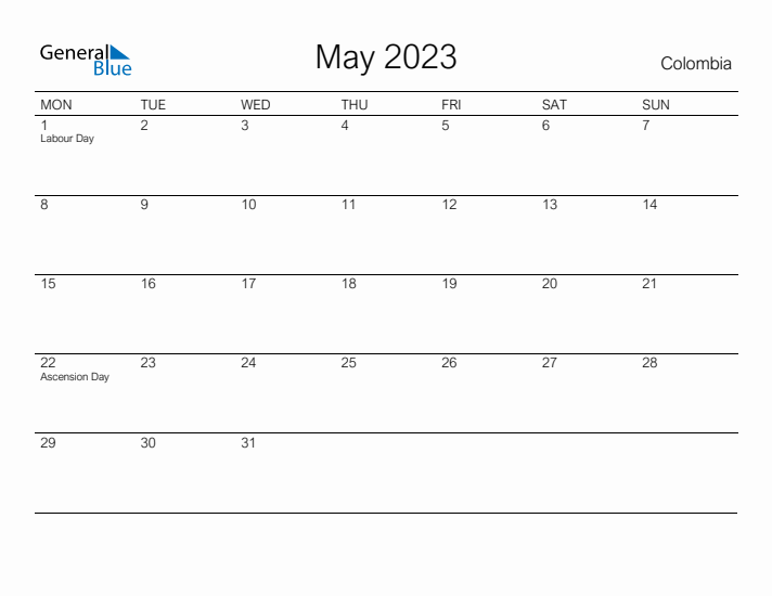 Printable May 2023 Calendar for Colombia