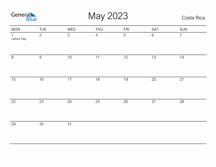 Printable May 2023 Calendar for Costa Rica