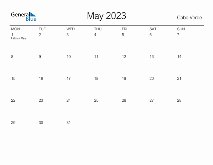 Printable May 2023 Calendar for Cabo Verde