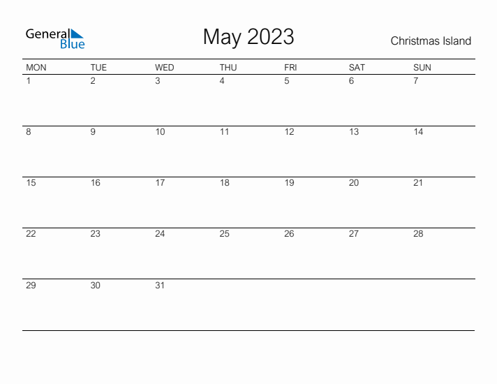 Printable May 2023 Calendar for Christmas Island