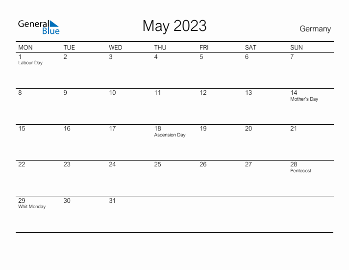 Printable May 2023 Calendar for Germany