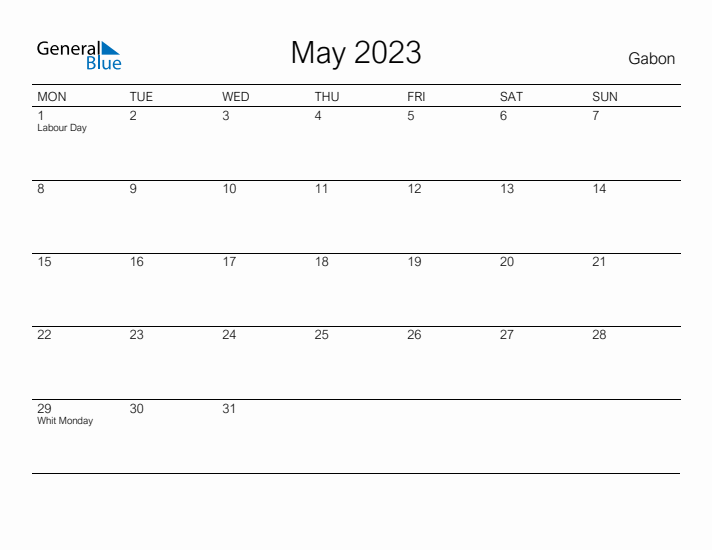 Printable May 2023 Calendar for Gabon