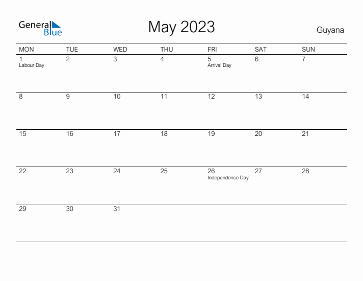 Printable May 2023 Calendar for Guyana