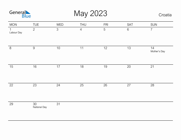 Printable May 2023 Calendar for Croatia