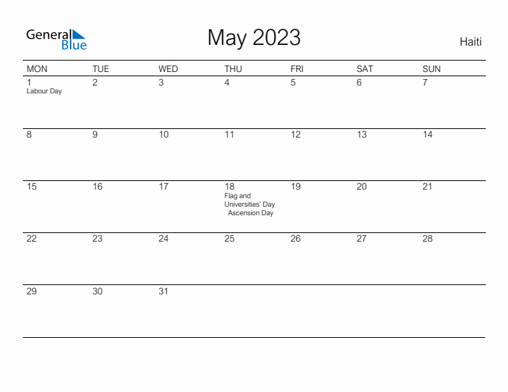 Printable May 2023 Calendar for Haiti