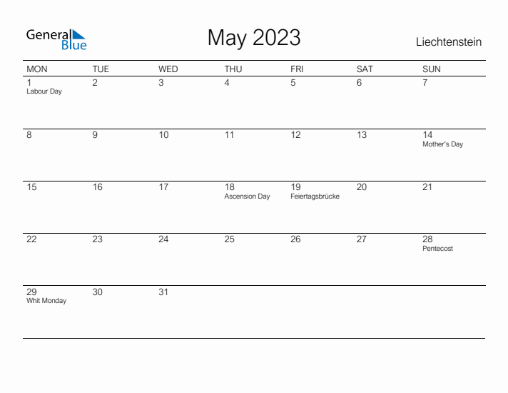 Printable May 2023 Calendar for Liechtenstein