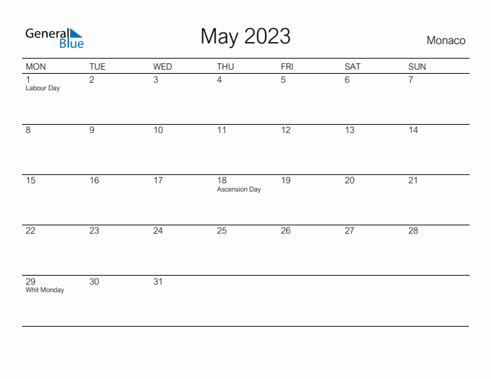 Printable May 2023 Calendar for Monaco