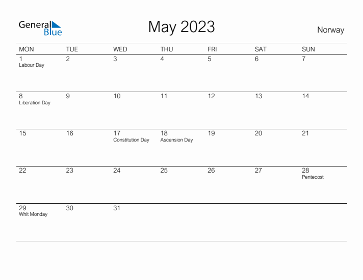 Printable May 2023 Calendar for Norway