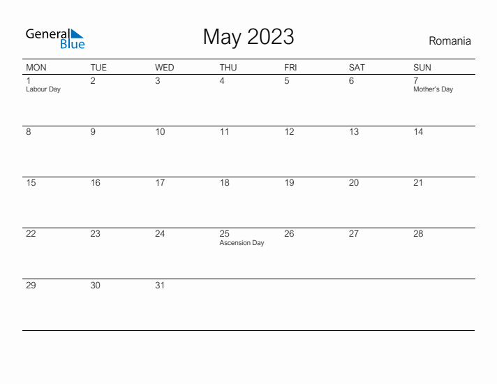 Printable May 2023 Calendar for Romania