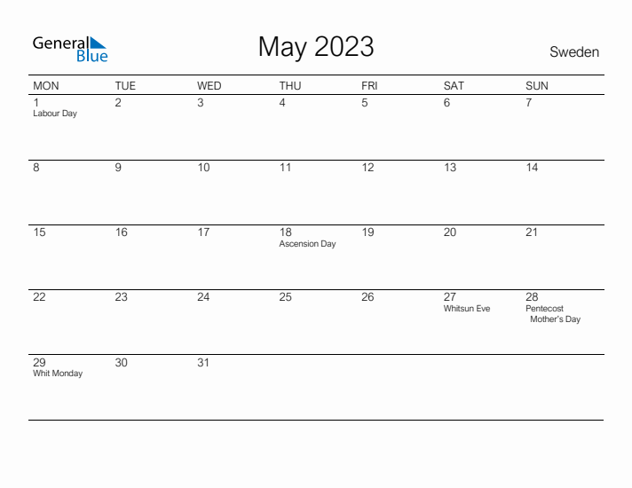 Printable May 2023 Calendar for Sweden