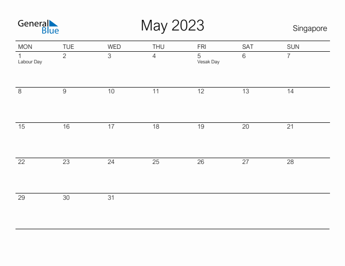 Printable May 2023 Calendar for Singapore