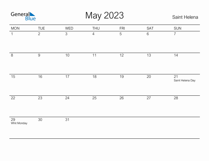 Printable May 2023 Calendar for Saint Helena