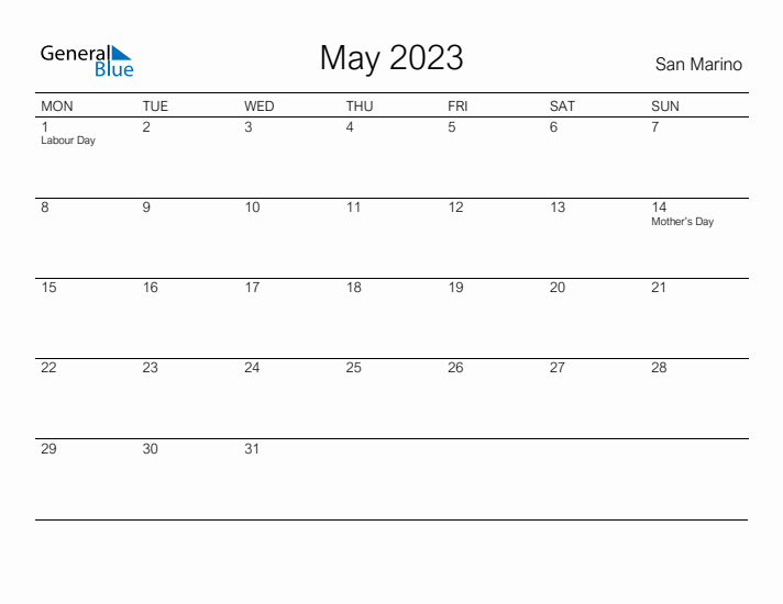 Printable May 2023 Calendar for San Marino