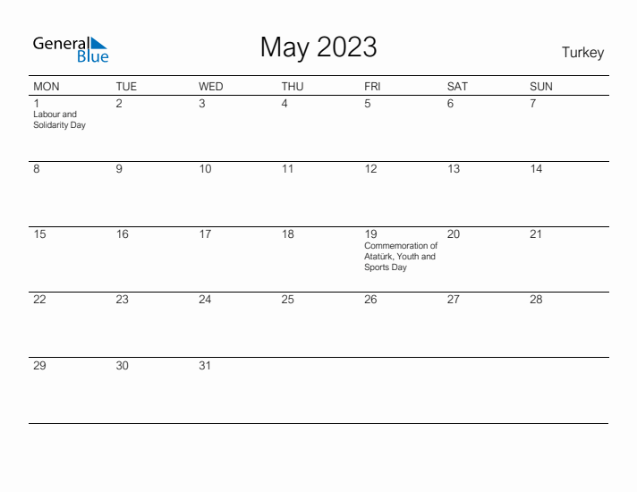 Printable May 2023 Calendar for Turkey