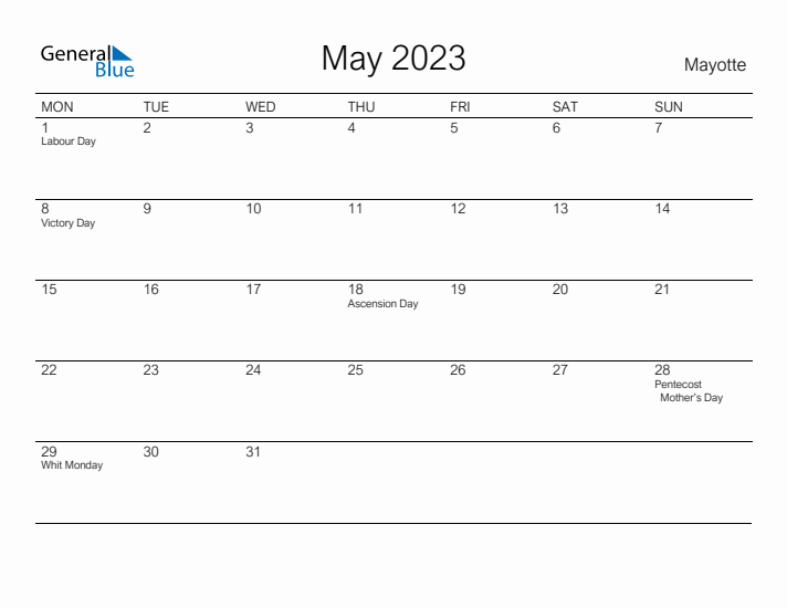 Printable May 2023 Calendar for Mayotte