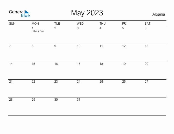 Printable May 2023 Calendar for Albania