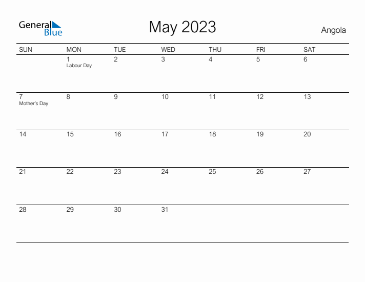 Printable May 2023 Calendar for Angola