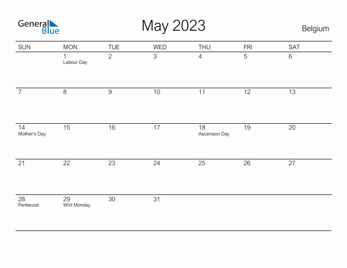 Printable May 2023 Calendar for Belgium