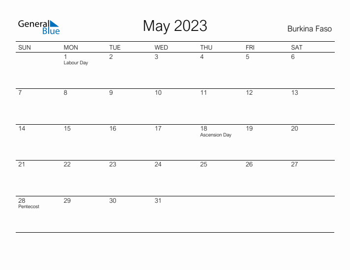 Printable May 2023 Calendar for Burkina Faso