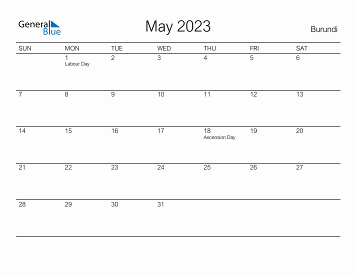 Printable May 2023 Calendar for Burundi