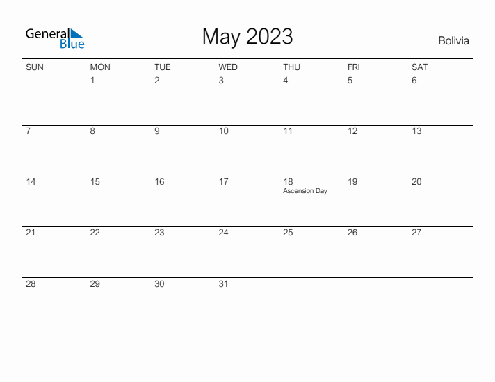 Printable May 2023 Calendar for Bolivia