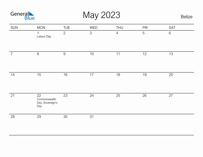 Printable May 2023 Calendar for Belize