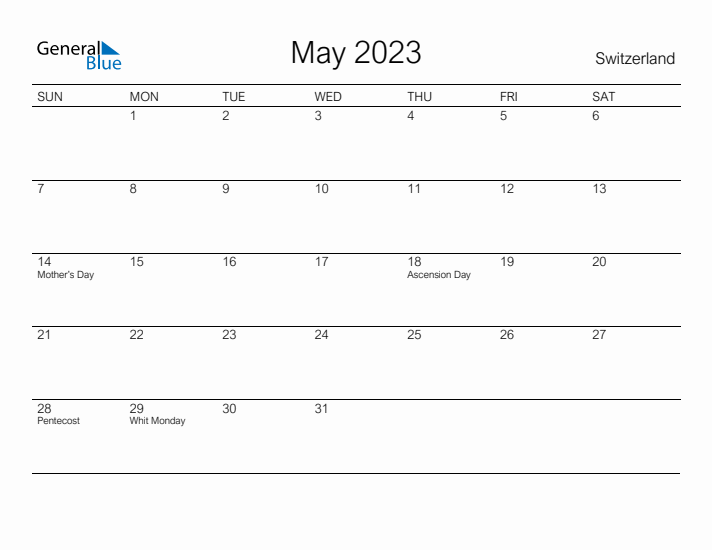 Printable May 2023 Calendar for Switzerland