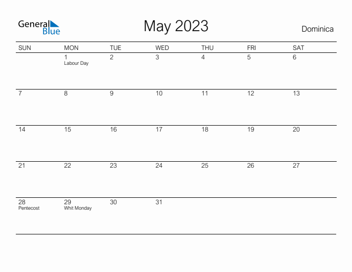 Printable May 2023 Calendar for Dominica