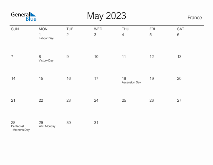 Printable May 2023 Calendar for France